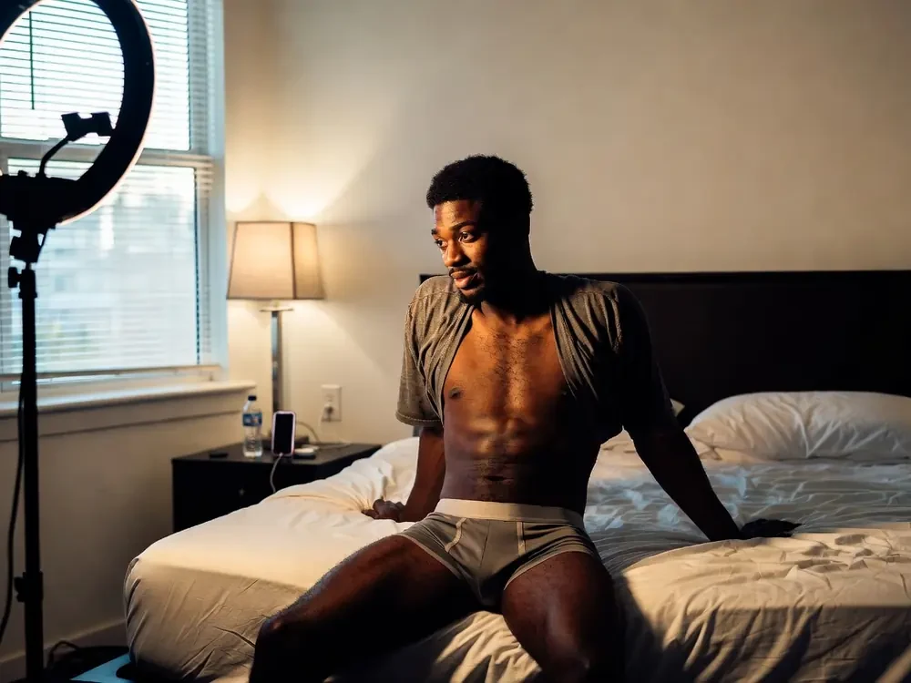 Clearly adult Black male creators in a late-night apartment setting